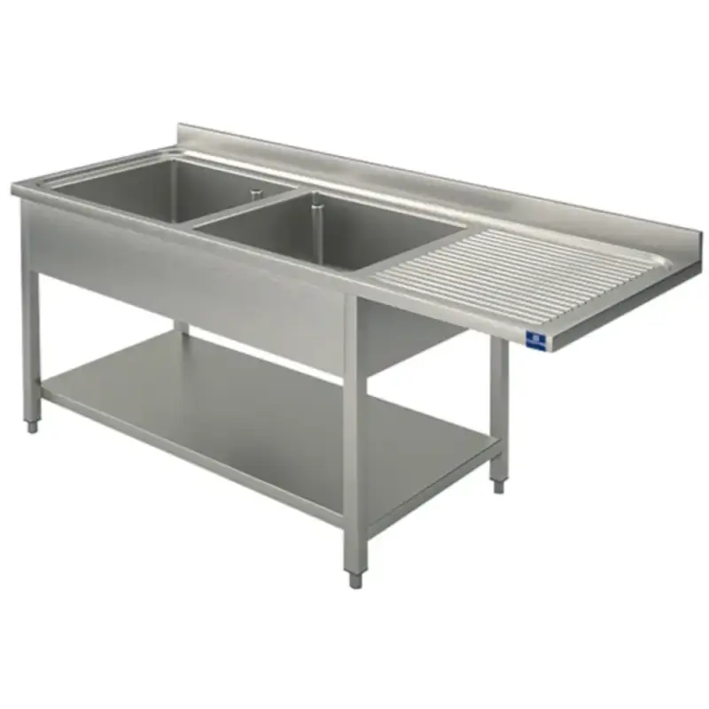 Must-Have Spoeltafel | RVS | 2 Spoelbakken (Links) + Afdruipvlak | Bodemschap + Voorlader | Achteropstand | Zelfmontage | 1800x600x850/950(h)mm
