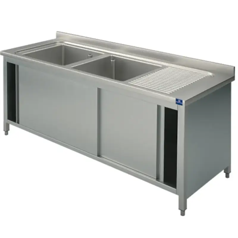 Hete Deal Spoeltafel | RVS | 2 Spoelbakken (Links) + Afdruipvlak | Schuifdeuren | Achteropstand | Voorgemonteerd | 1500x700x850/950(h)mm