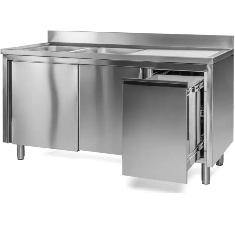 Laatste Versie Spoeltafel | RVS | 2 Spoelbakken (Links) + Afdruipvlak | Schuifdeuren + Afvallade | Diepte 600 | Hoogte 850 | Breedte 1400-2000 | Achteropstand | Voorgemonteerd