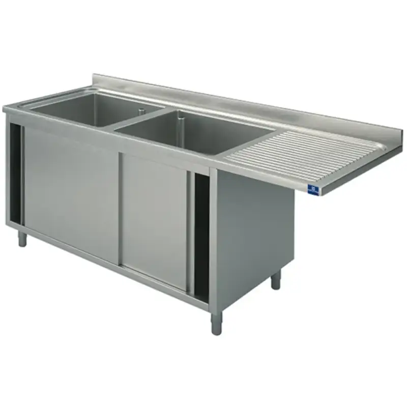 Direct Verzonden Spoeltafel | RVS | 2 Spoelbakken (Links) + Afdruipvlak | Schuifdeuren + Voorlader | Achteropstand | Voorgemonteerd | 1600x600x850/950(h)mm
