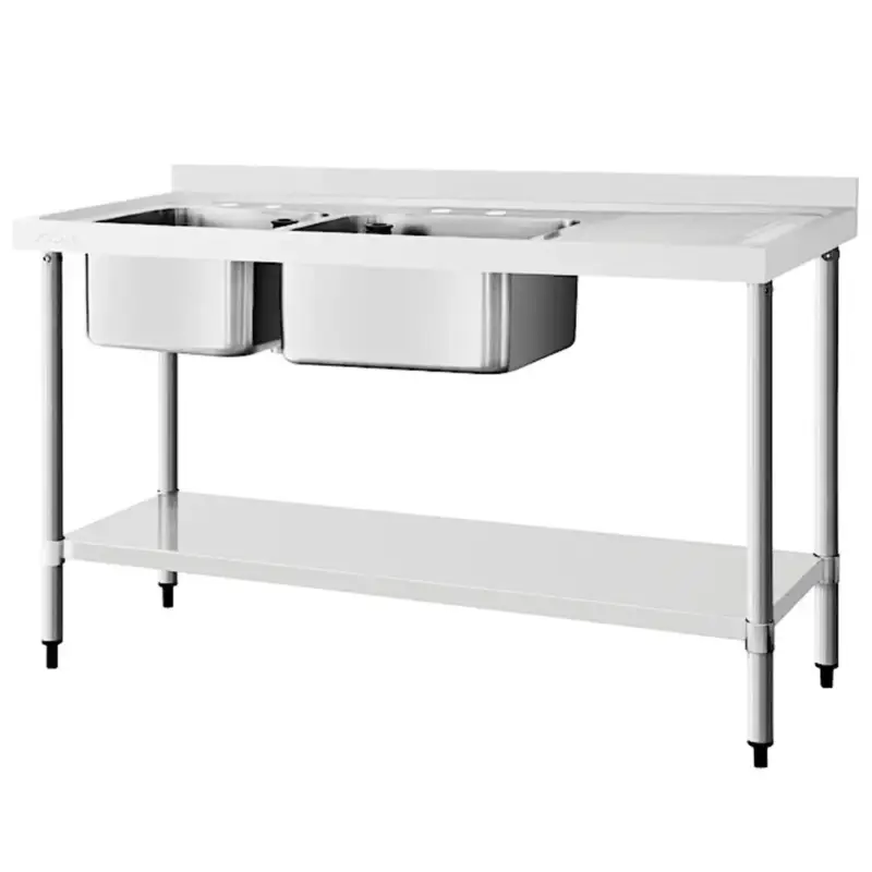 Express Levering Spoeltafel | RVS | 2 Spoelbakken (Links) + Afdruipvlak | Bodemschap | Achteropstand | Zelfmontage | 1800x600x900/960(h)mm