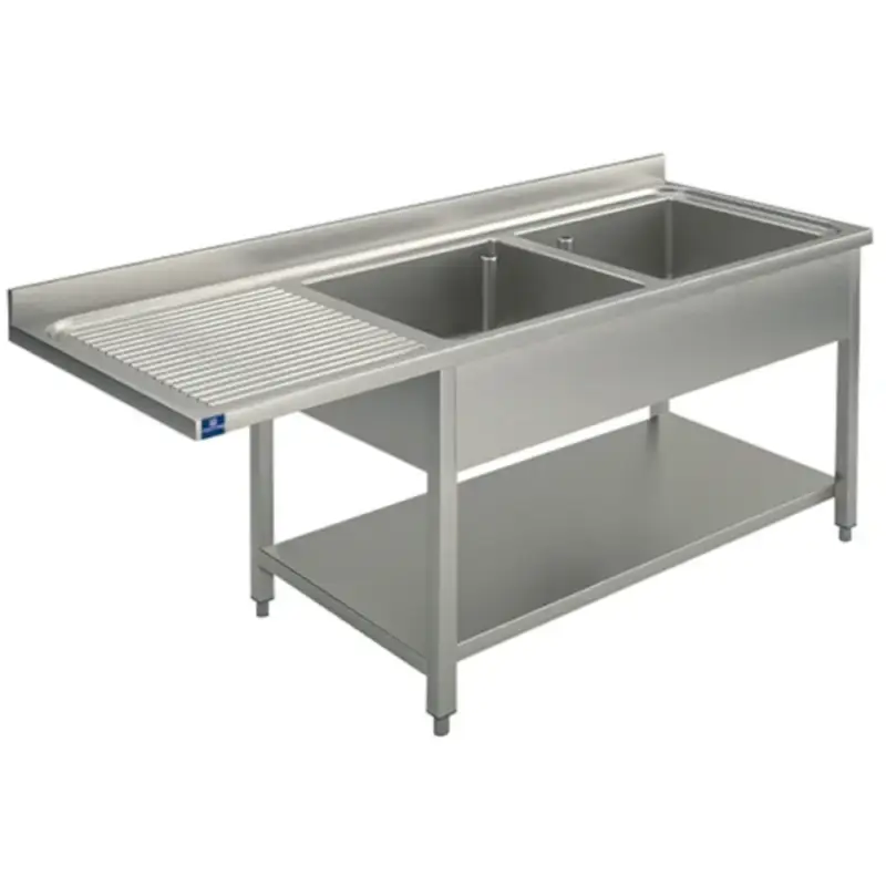 Gecertificeerd Spoeltafel | RVS | 2 Spoelbakken (Rechts) + Afdruipvlak | Bodemschap + Voorlader | Achteropstand | Zelfmontage | 1800x600x850/950(h)mm