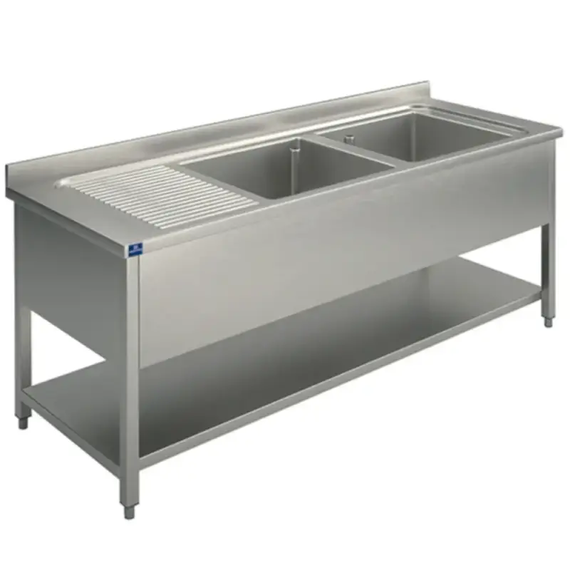 Lage Prijs Spoeltafel | RVS | 2 Spoelbakken (Rechts) + Afdruipvlak | Bodemschap | Achteropstand | Zelfmontage | 1400x600x850/950(h)mm