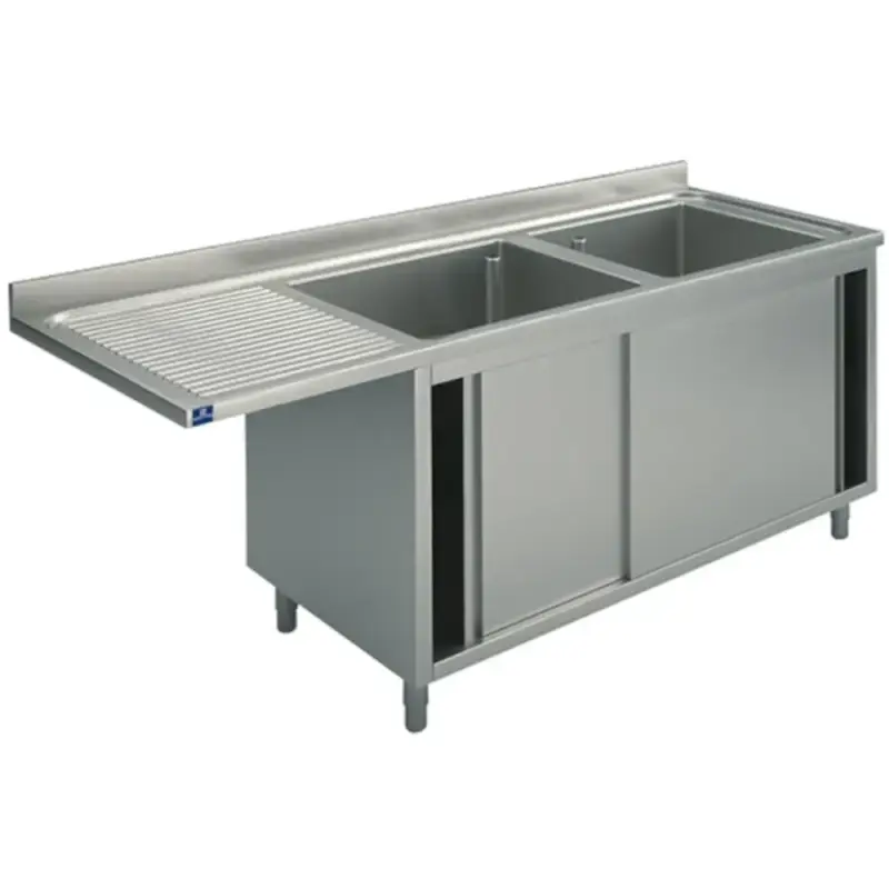 Spoeltafel | RVS | 2 Spoelbakken (Rechts) + Afdruipvlak | Schuifdeuren + Voorlader | Achteropstand | Voorgemonteerd | 1600x600x850/950(h)mm Laatste Versie