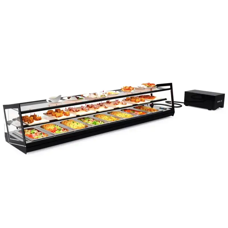 Tapasvitrine | KUBE | Zwart | 8x 1/3 GN | +2°C/+6°C | Statisch | 2 Niveaus | Losse Koelunit (Inbouw) | 1540x385x360(h)mm Hoge Kwaliteit