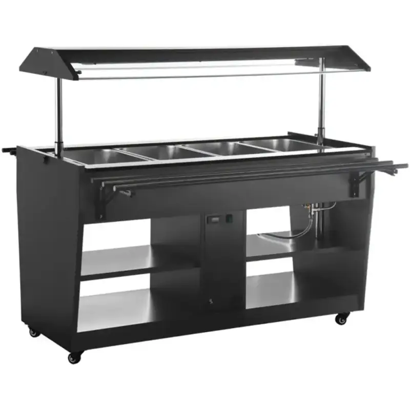 Koop Vandaag Verwarmd Buffet | Zwart | 4x 1/1 GN | 30°C/90°C | Bain-Marie | Liftkap (Verlicht) | Wielen (Geremd) | 1058x740x1356(h)mm
