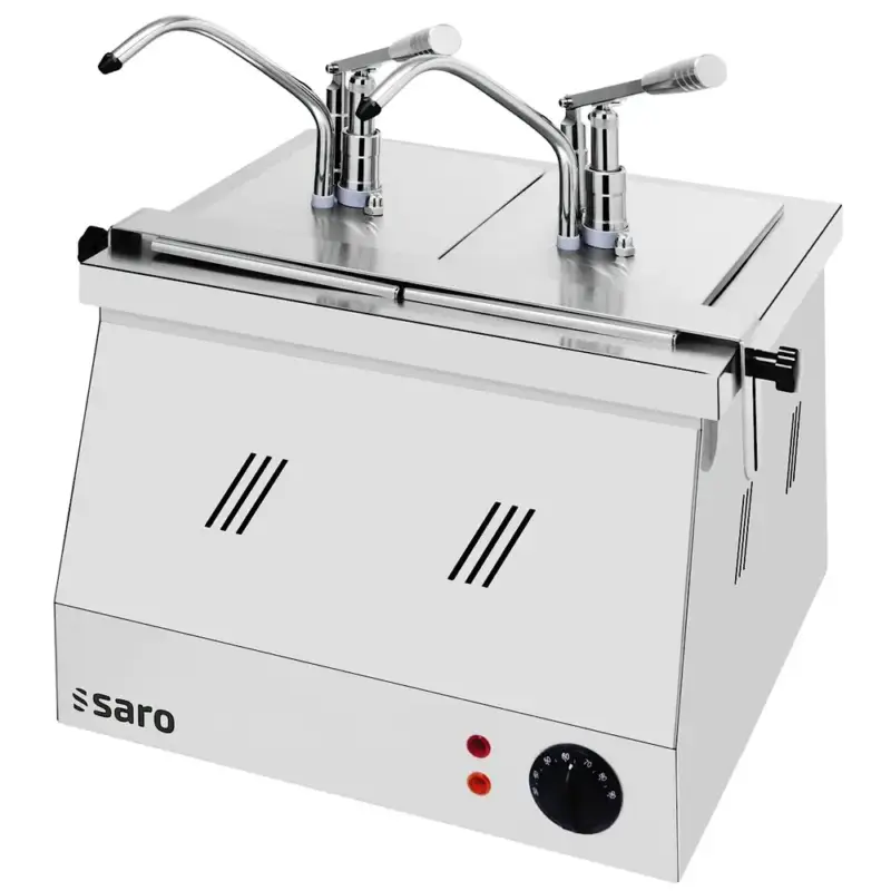Voordeelprijs Verwarmde Sausdispenser | RVS | 2x 1/4 GN (2x 4.5L) | 30°C/90°C | Portie 35ml | 0.9kW (230V) | 400x380x510(h)mm