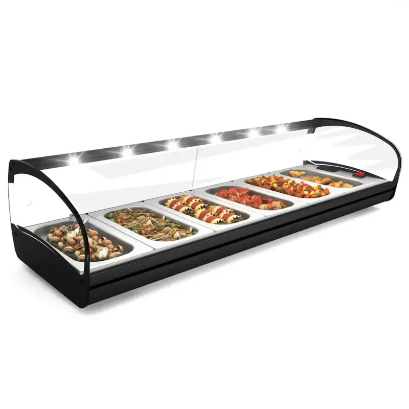 Verwarmde Tapasvitrine | SHARK | Zwart | 6x 1/3 GN | ≤80°C | Bain-Marie | 1 Niveau | 1.04kW (230V) | 1190x395x270(h)mm Populair