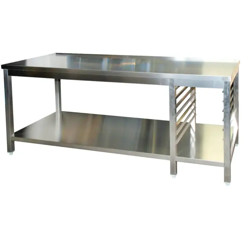 Werktafel | RVS | 1/1 GN Geleiders (Rechts) | Bodemschap | Diepte 700 | Hoogte 850/885 | Breedte 1200-2900 | Achteropstand | Gelaste Constructie Snelle Levering