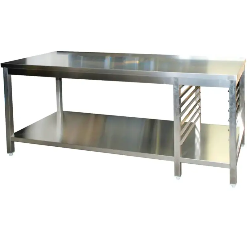 Werktafel | RVS | 1/1 GN Geleiders (Rechts) | Bodemschap | Diepte 800 | Hoogte 850/885 | Breedte 1200-2900 | Achteropstand | Gelaste Constructie Nieuw