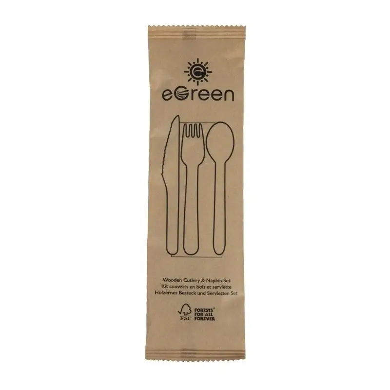 eGreen individueel verpakt 4-in-1 houten bestekset (250 stuks) Finale Uitverkoop